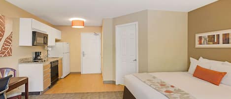 Desk, laptop workspace, blackout curtains, iron/ironing board