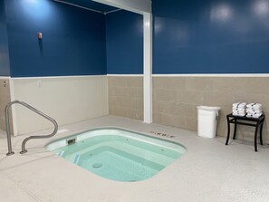 A small, rectangular hot tub with a metal handrail, beige tiled walls, and a white trash can. - Holiday Inn Express Metropolis by IHG (Metropolis)