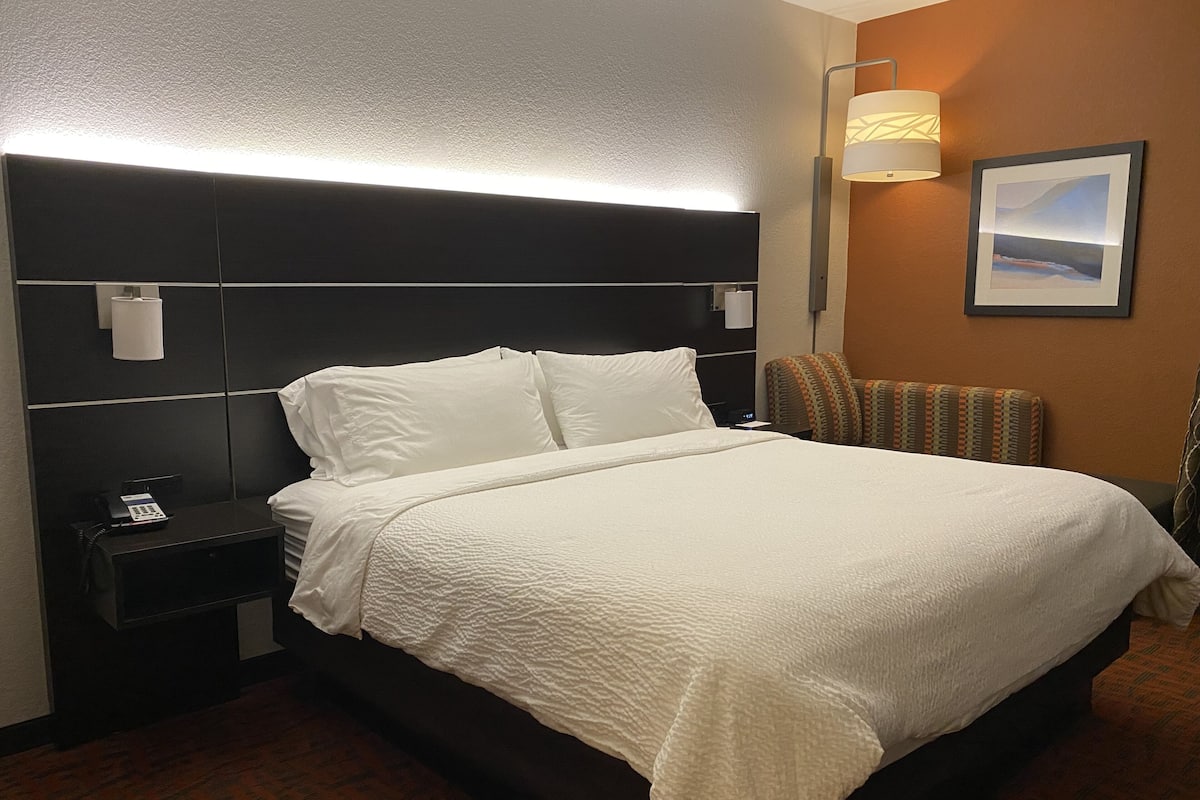 A hotel room with a large bed, a bedside table with a phone, a wall-mounted lamp, and a framed picture on the wall.