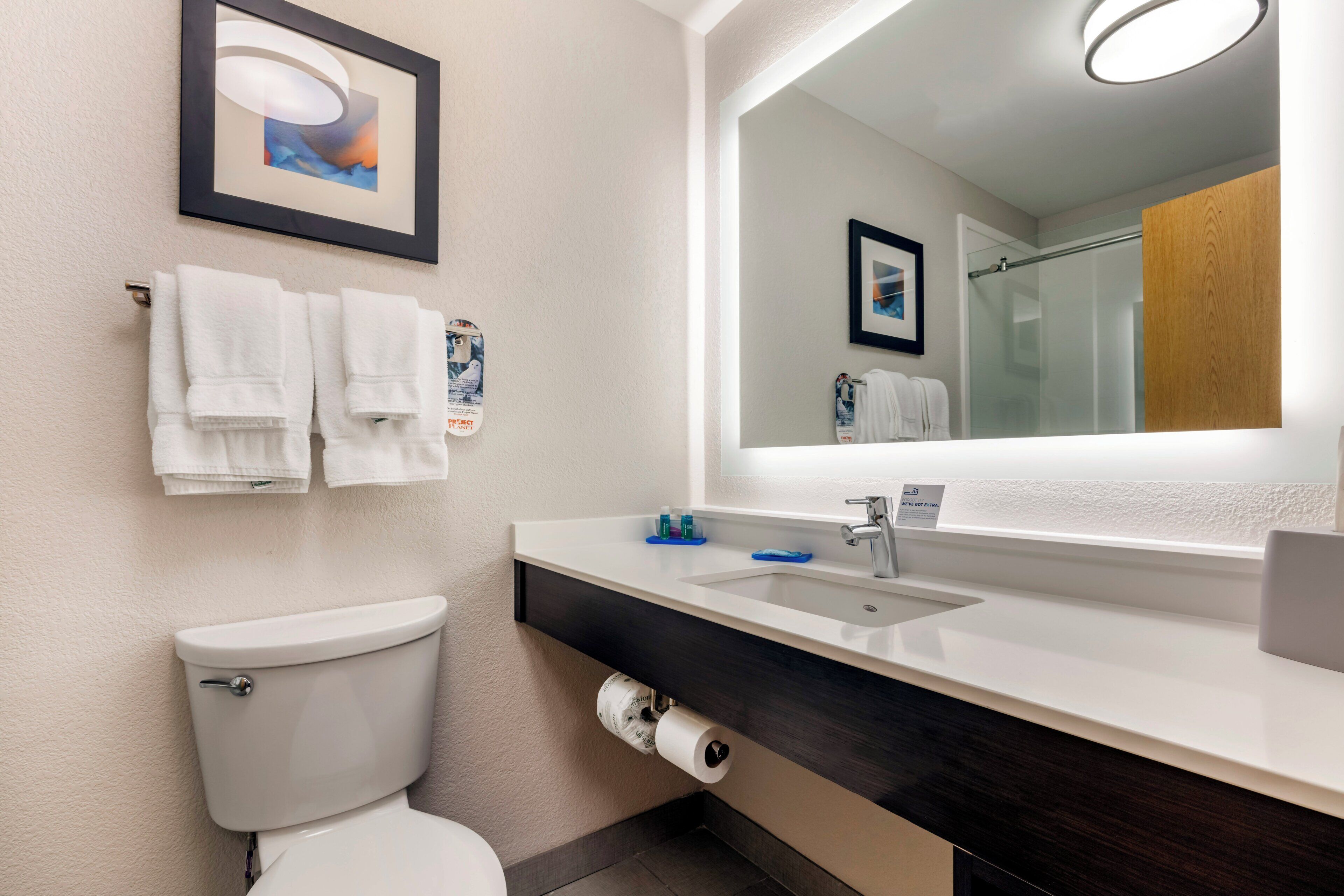 Un baño moderno con inodoro, lavamanos, espejo y un cuadro en la pared.