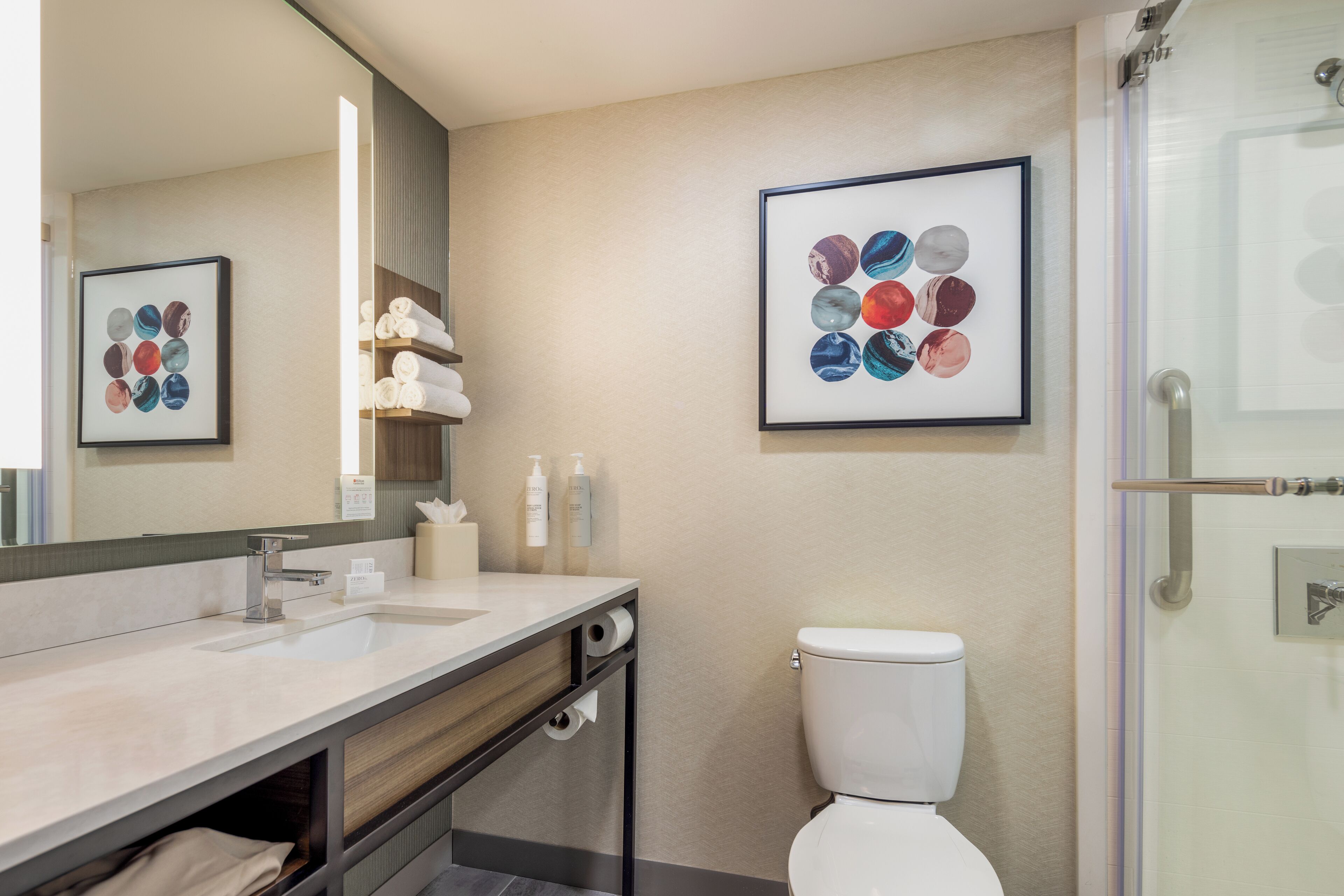 combined shower/bathtub, free toiletries, hair dryer, towels