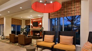 A spacious lobby with a fireplace, comfortable seating, and large windows offering a view of the outdoors. - Hilton Garden Inn Chicago / Oak Brook (Villa Park)