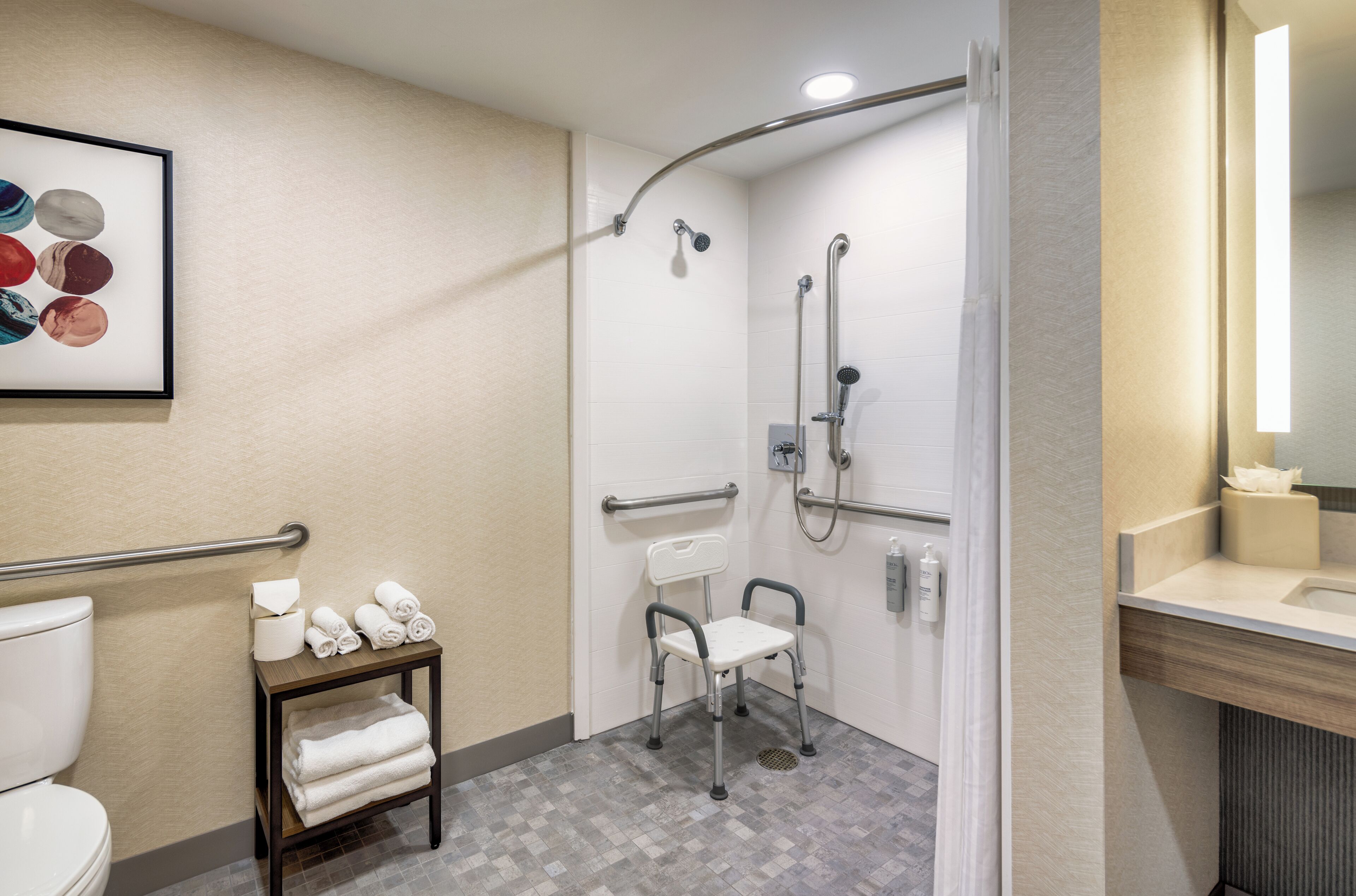 combined shower/bathtub, free toiletries, hair dryer, towels