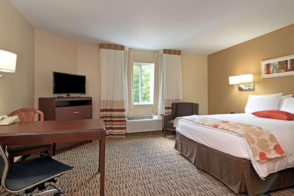A hotel room with a bed, a desk with a chair, a television, and a window with curtains.