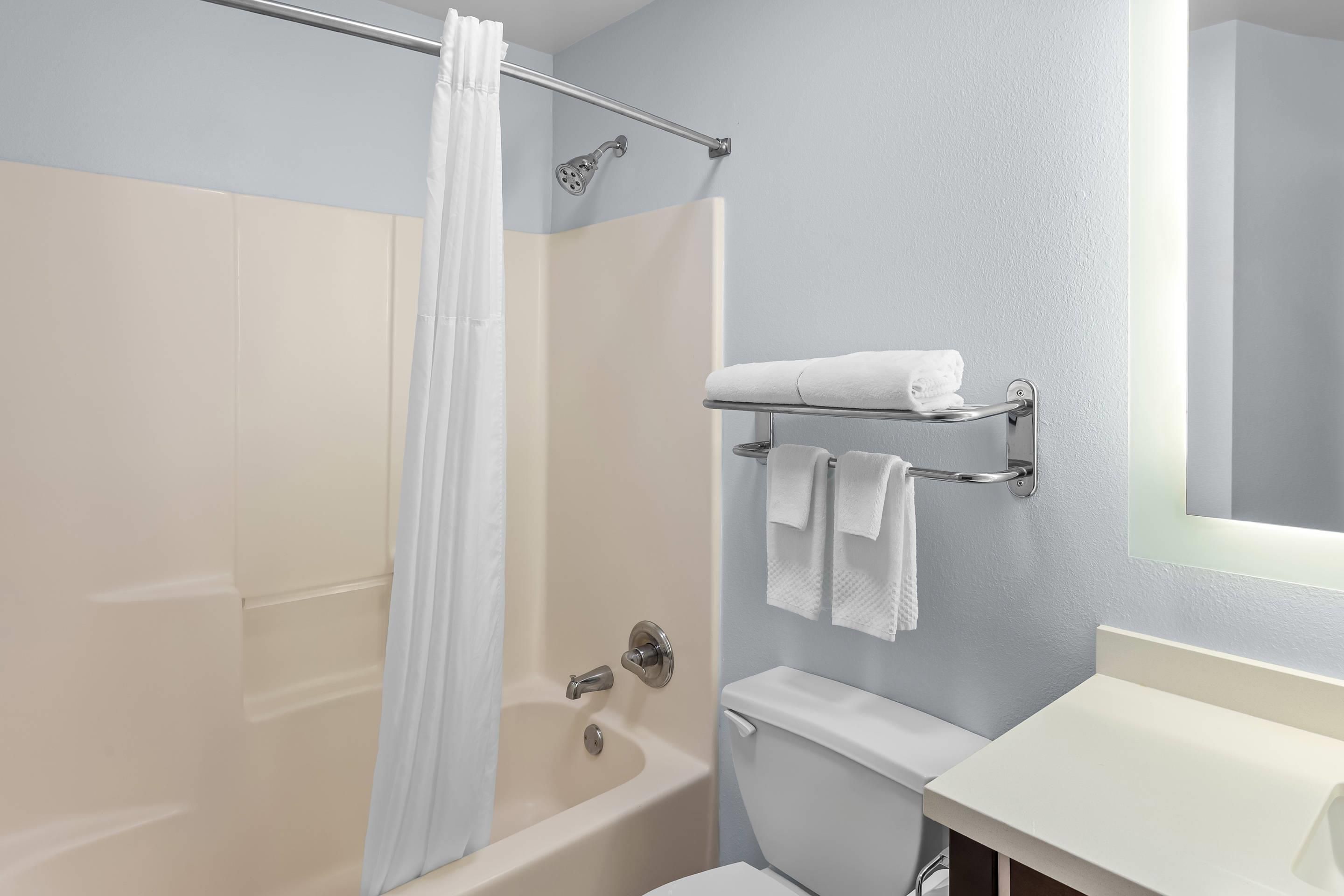Une salle de bain avec douche, toilettes et lavabo.