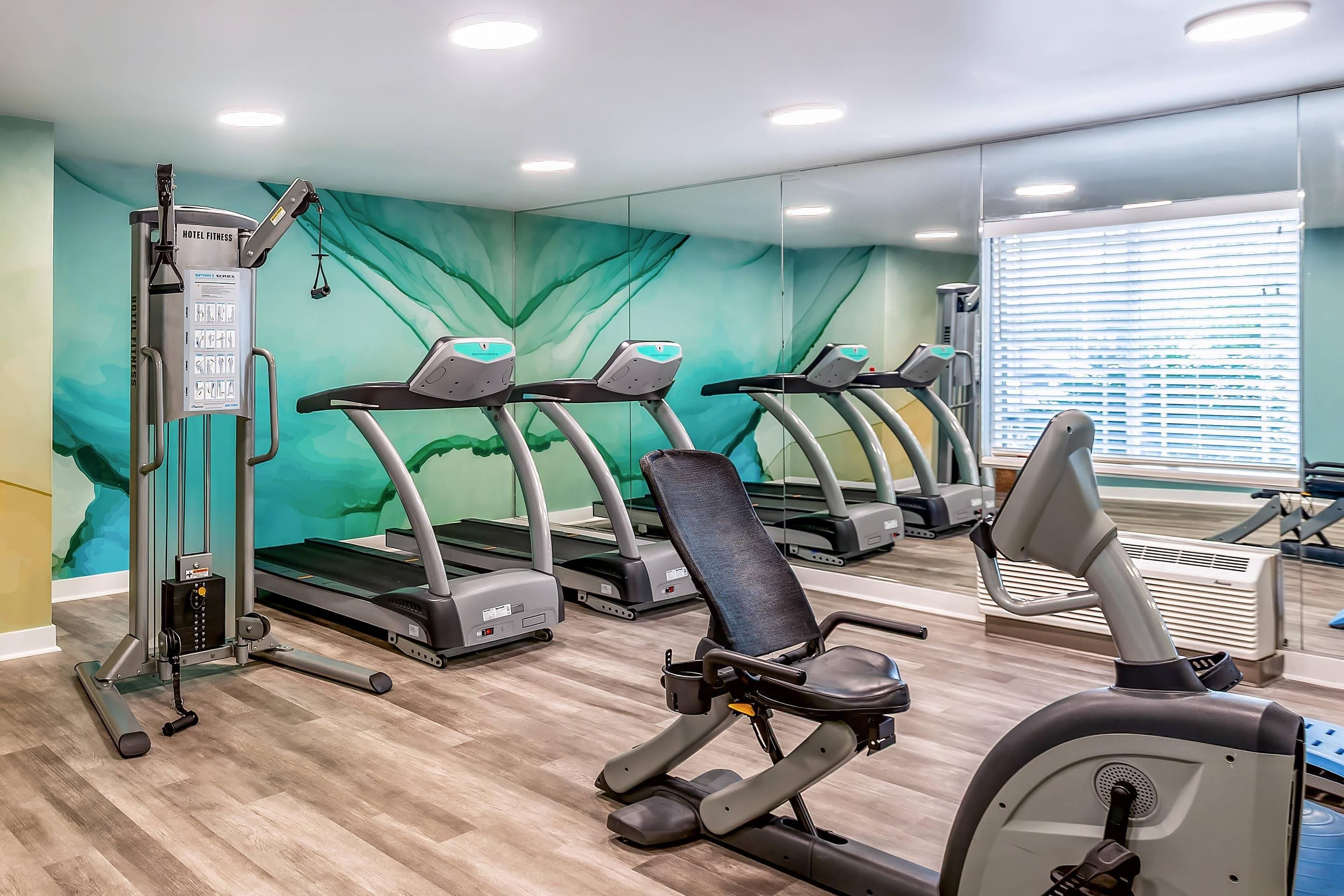 A hotel fitness center with treadmills, a weight machine, and a rowing machine.
