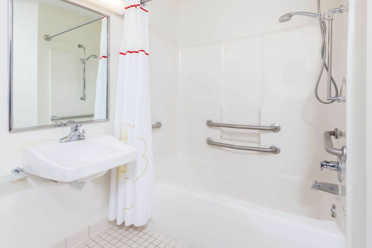 A bathroom with a white sink, a mirror, a shower with a handheld showerhead, and grab bars.