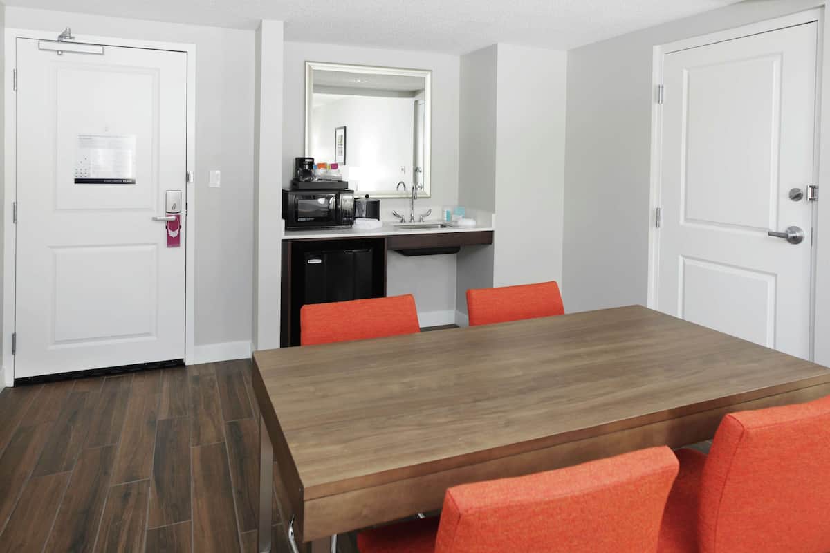 mini-fridge, microwave, coffee/tea maker