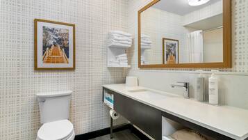 A modern bathroom with a toilet, sink, and mirror.