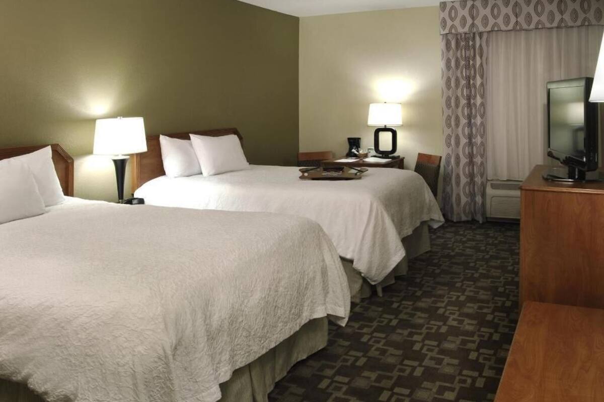 A hotel room with two beds, a desk with a television, and a patterned carpet.