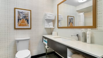 Uma casa de banho moderna com sanita, lavatório e espelho.