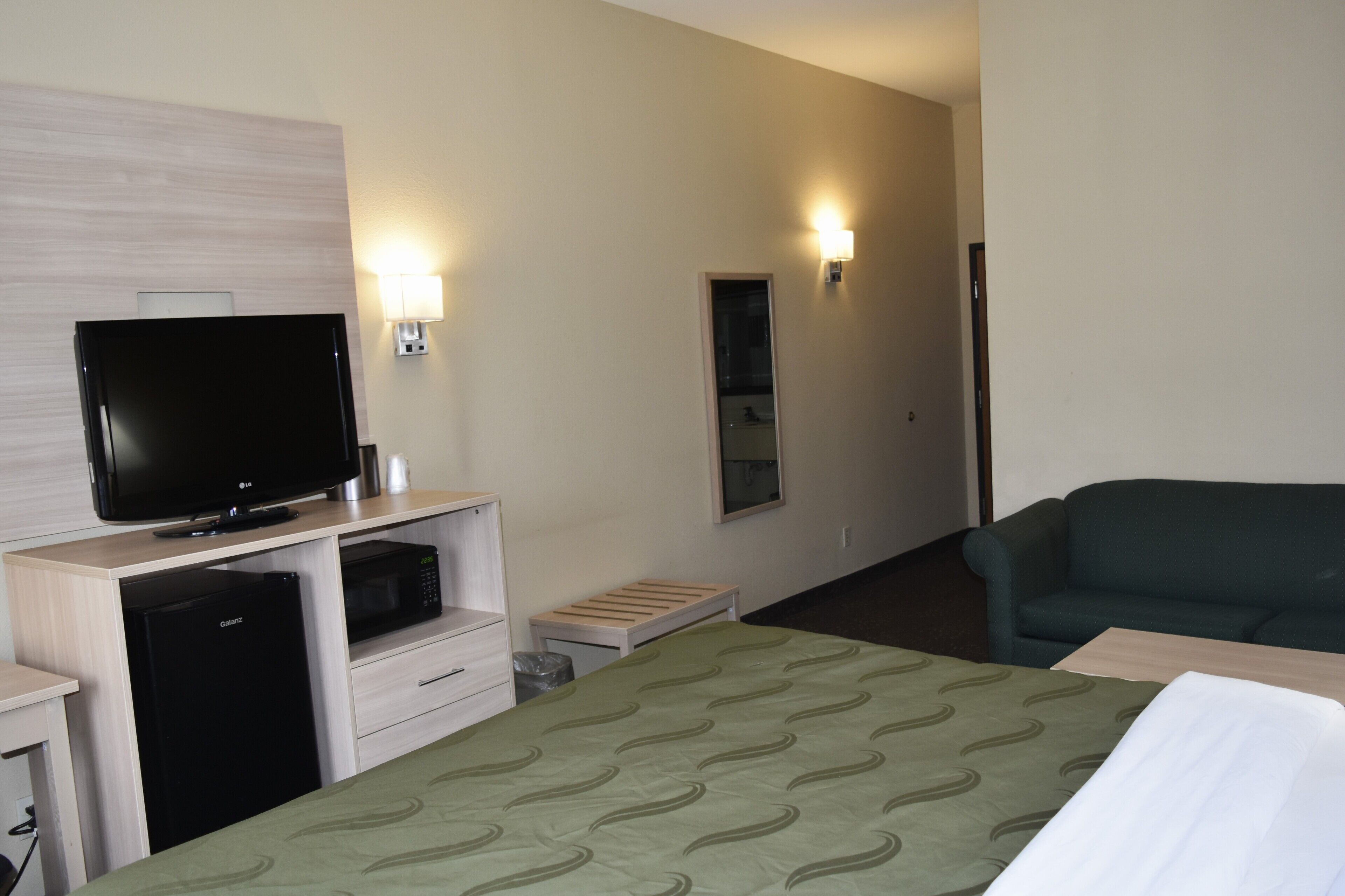 A hotel room with a bed, a television, a microwave, a small refrigerator, a nightstand, a lamp, and a couch.