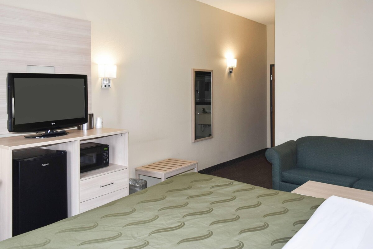 A hotel room with a bed, a television, a microwave, a small table, and a sofa.