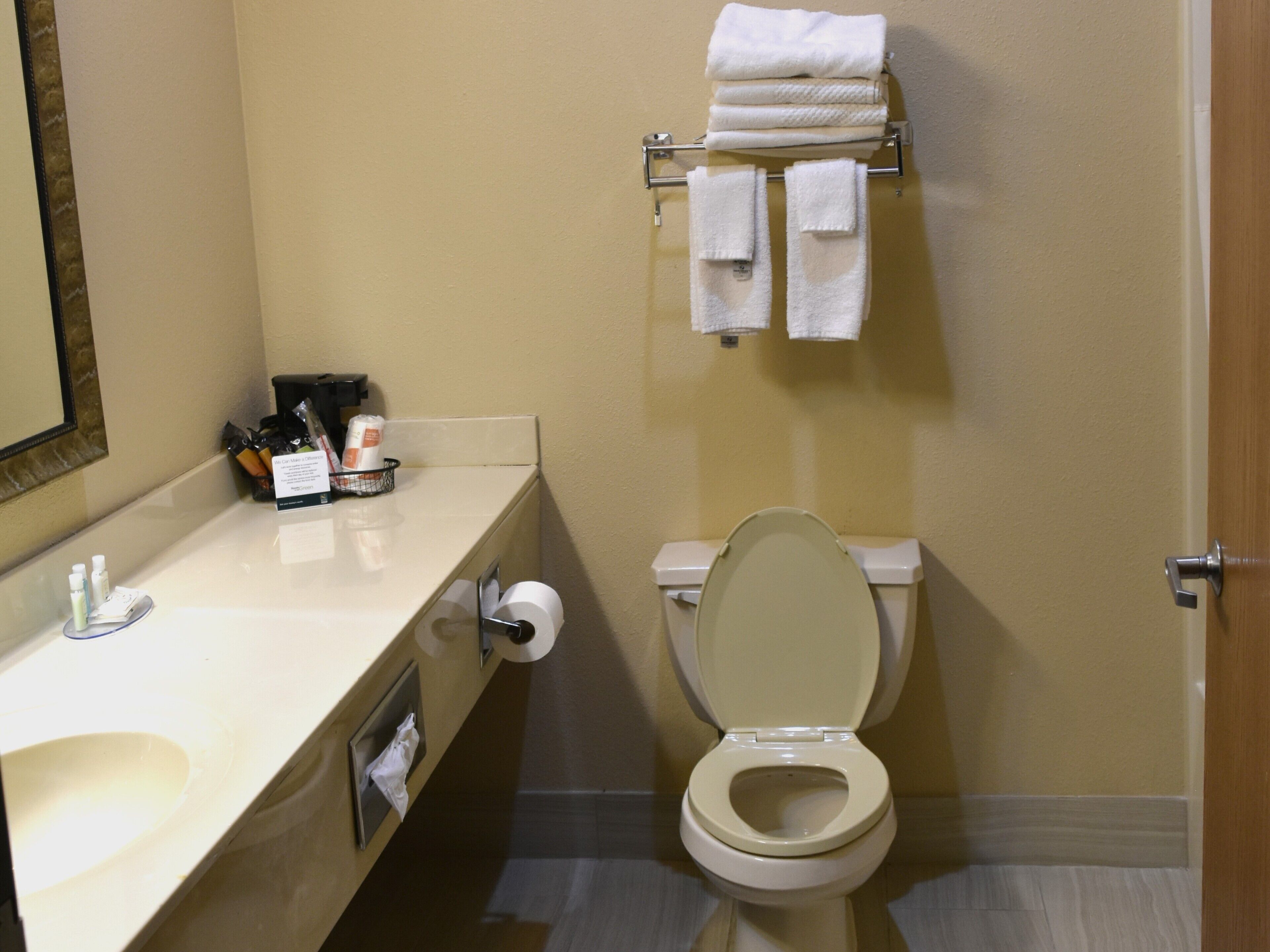 Een badkamer met toilet, wastafel en handdoekrek.