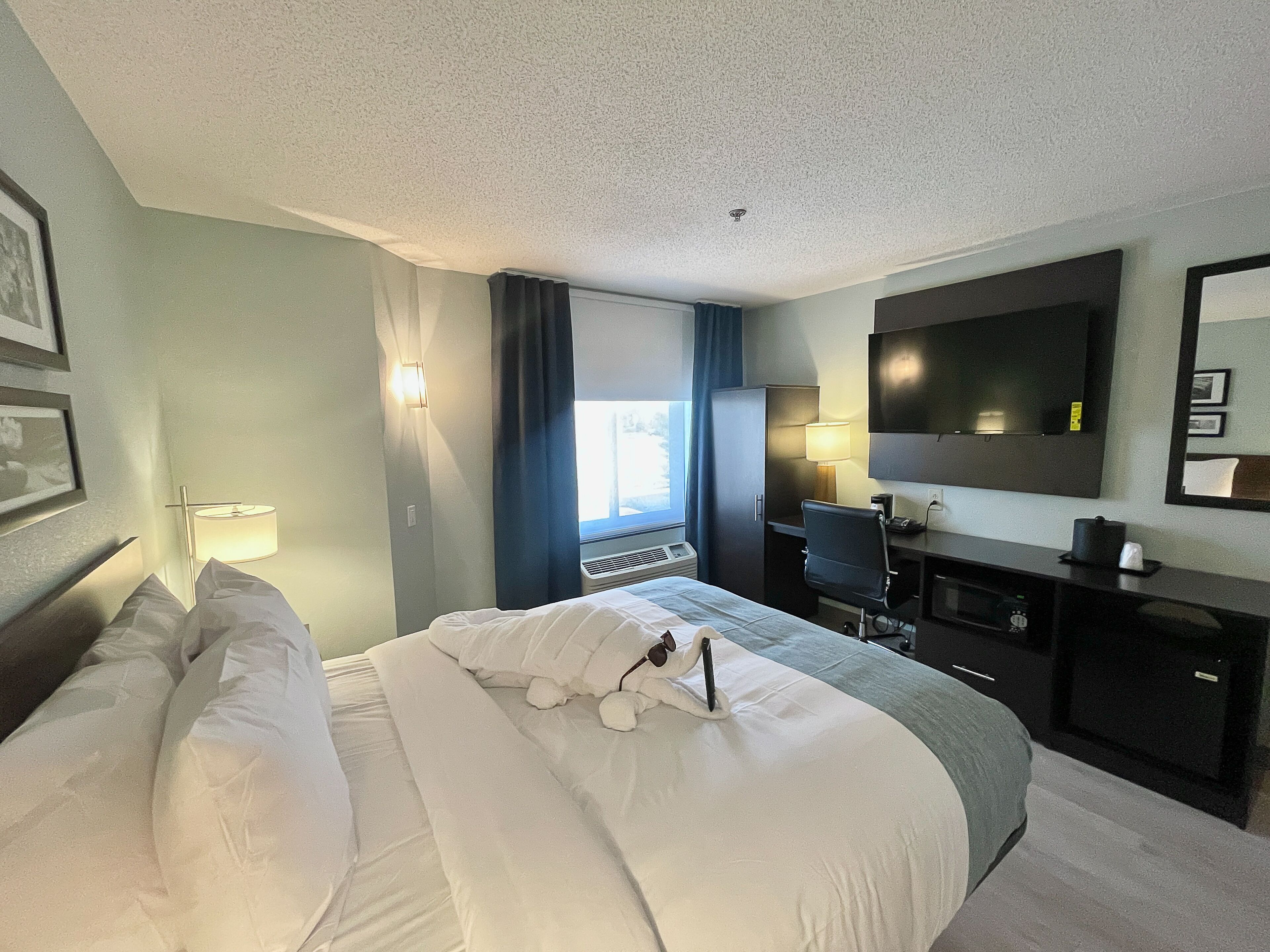 premium bedding, desk, blackout curtains, iron/ironing board