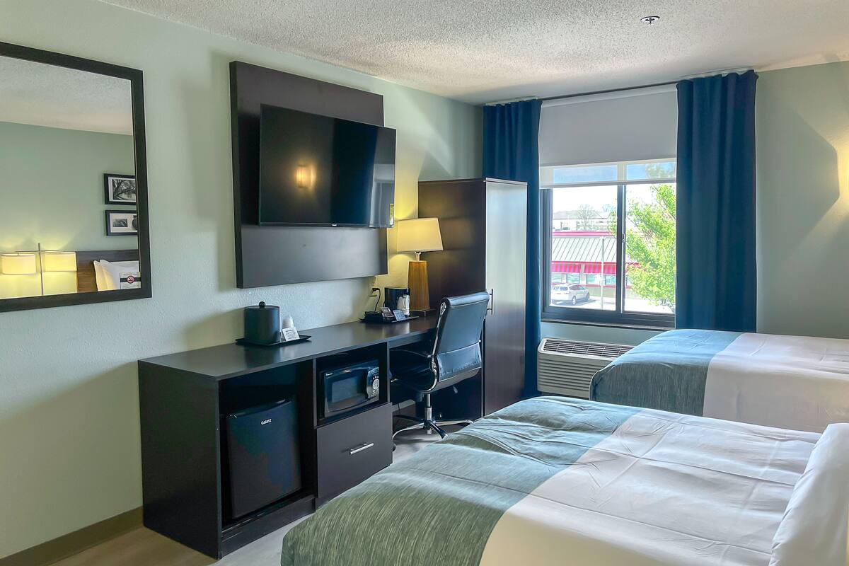 room, 2 double beds, non smoking | premium bedding, desk, blackout curtains, iron/ironing board