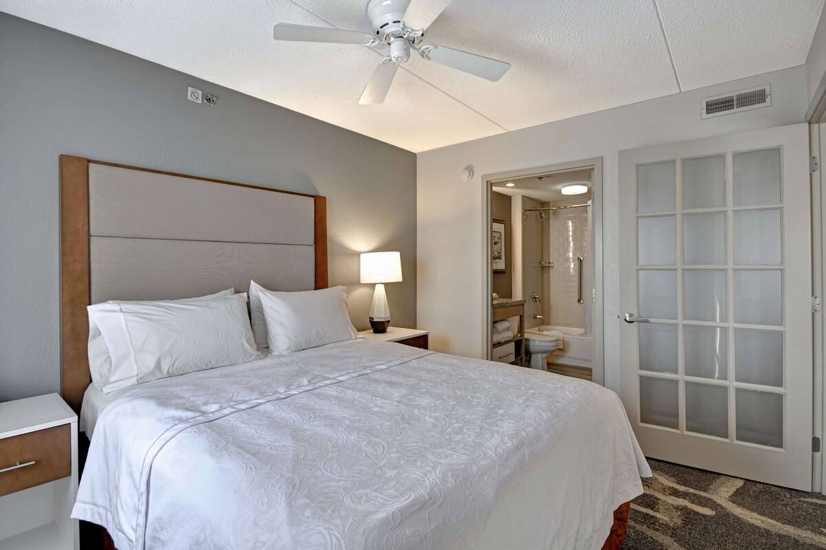A hotel room with a bed, a nightstand, a lamp, a ceiling fan, a bathroom with a shower, and a frosted glass door.