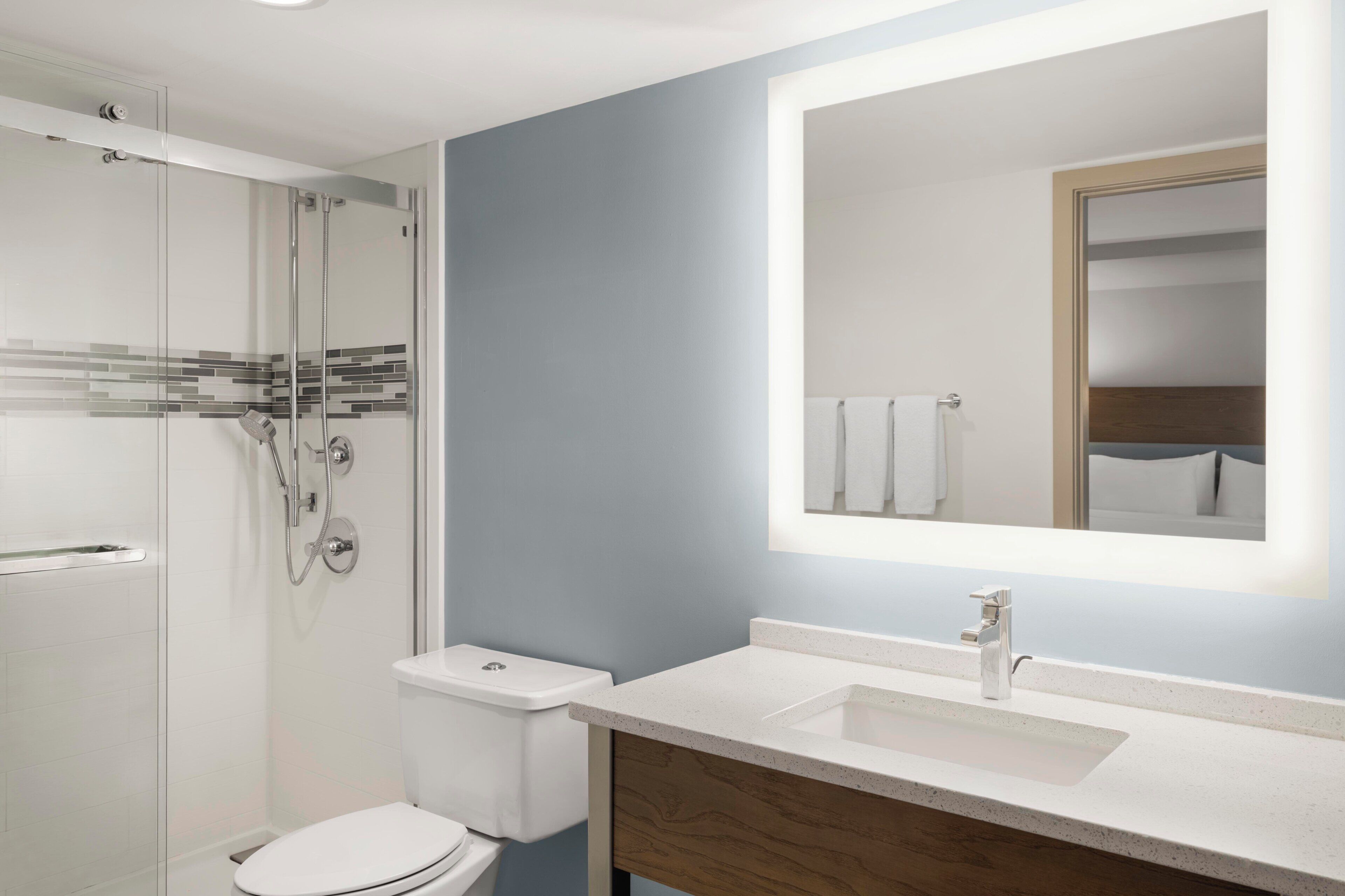 A modern bathroom with a glass shower enclosure, a white toilet, and a vanity with a mirror.