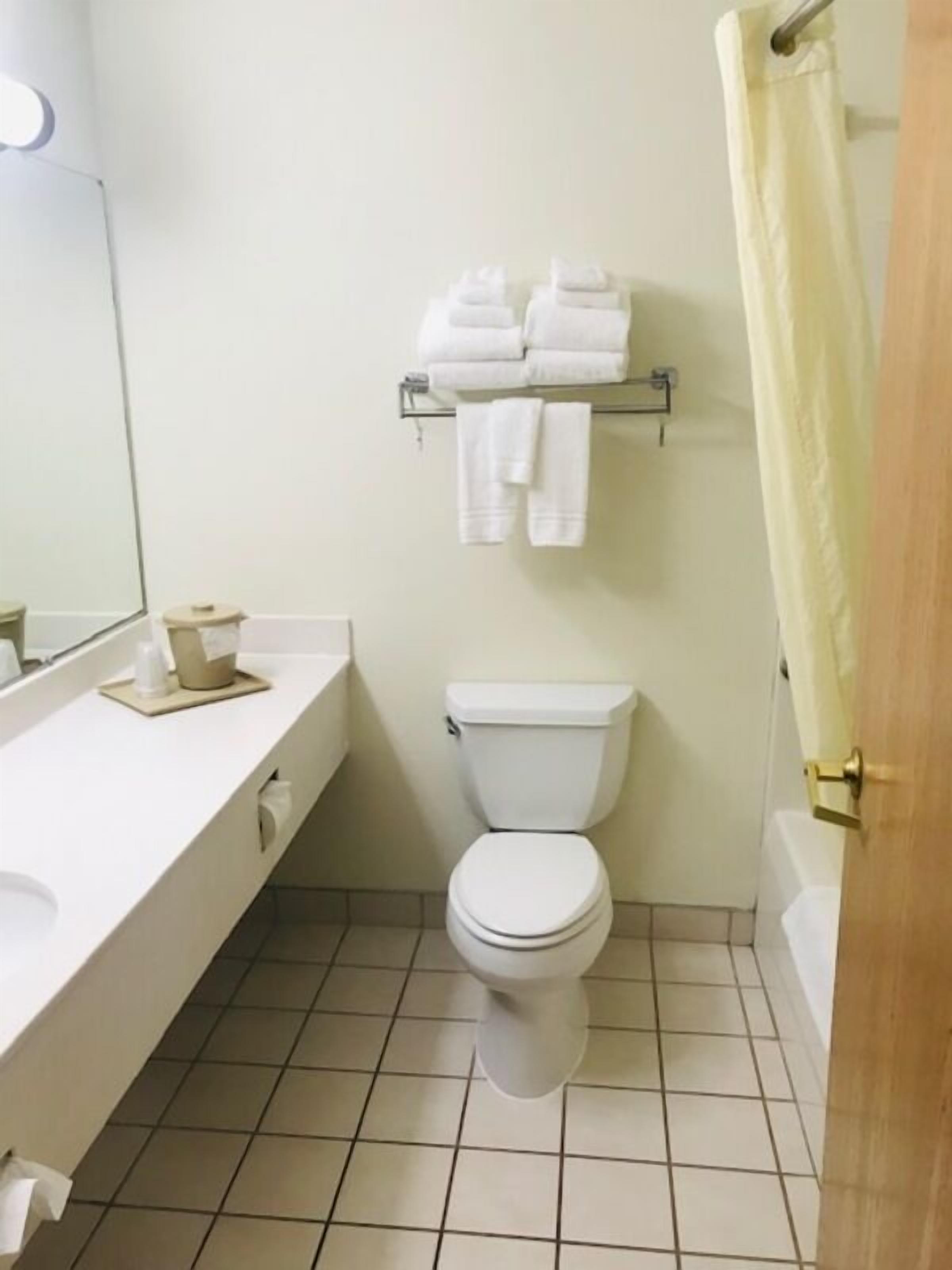 Un baño con inodoro, lavamanos con espejo, toallero y cortina de ducha.