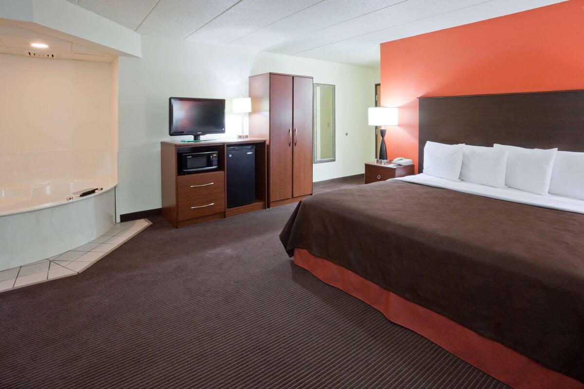 Habitación de hotel con una cama grande, televisión, microondas, armario y baño con bañera.