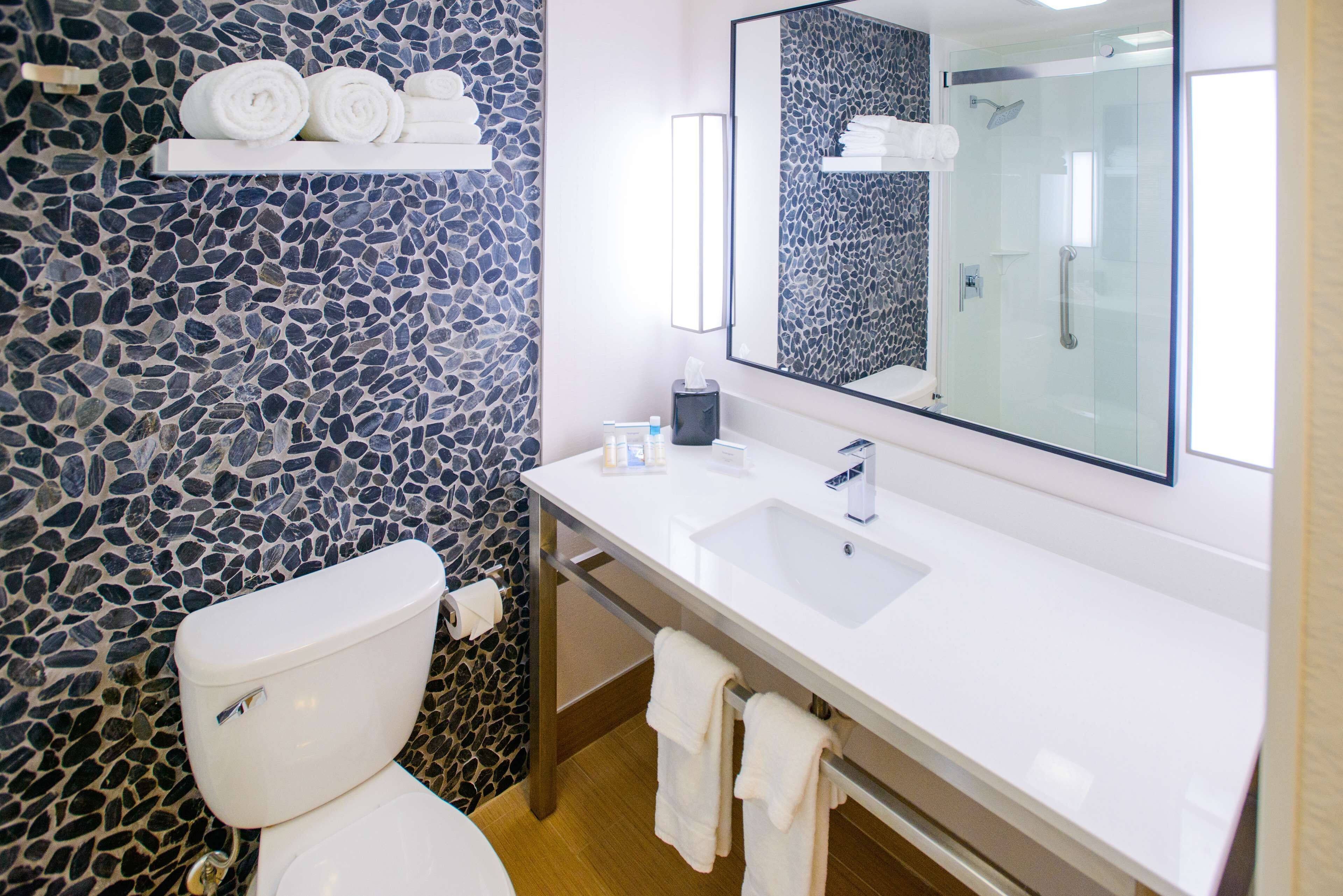 combined shower/bathtub, free toiletries, hair dryer, towels