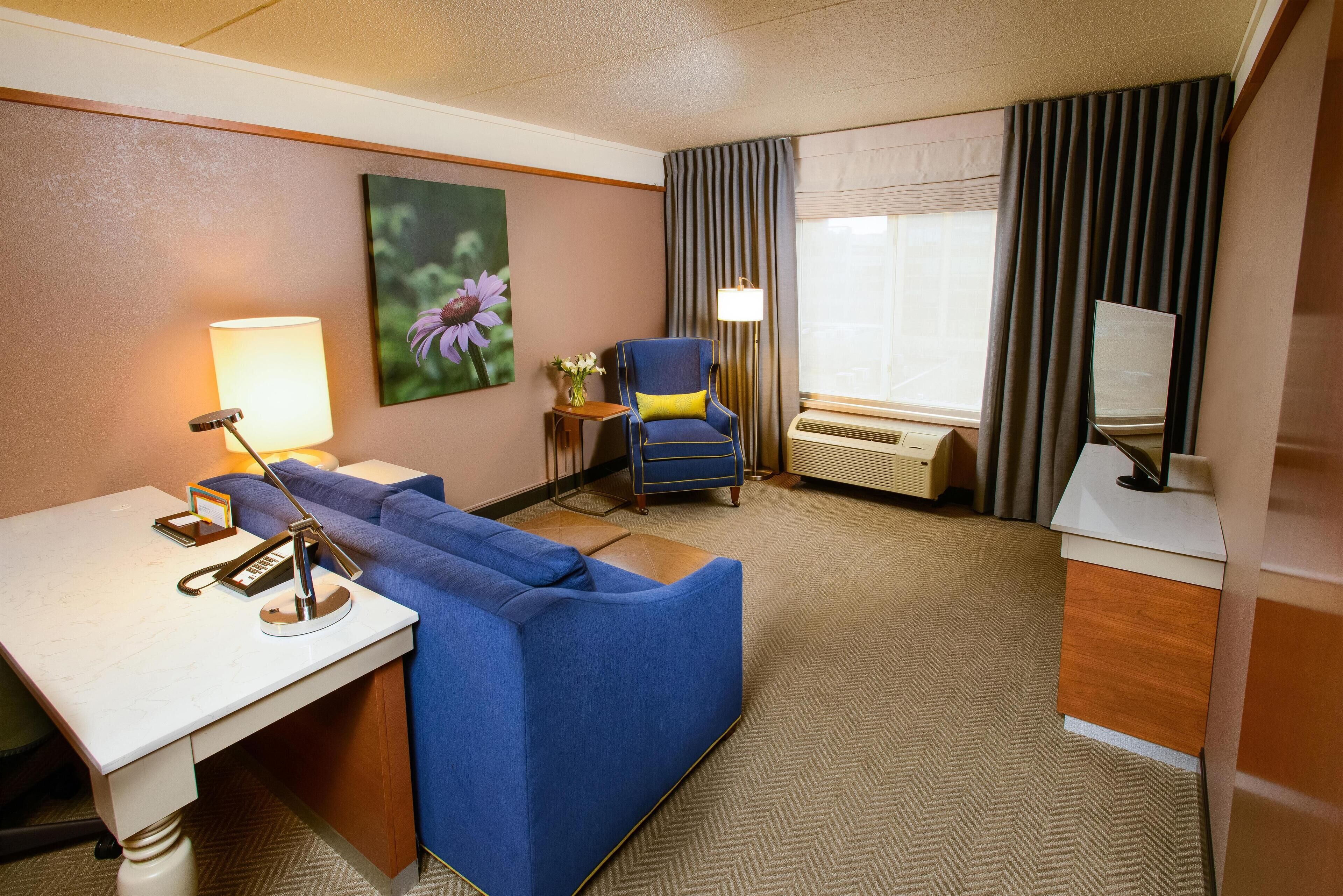 Une chambre d’hôtel comprenant un canapé, un fauteuil, un bureau, une lampe, un tableau, une petite table avec un vase, une fenêtre avec des rideaux et un téléviseur.