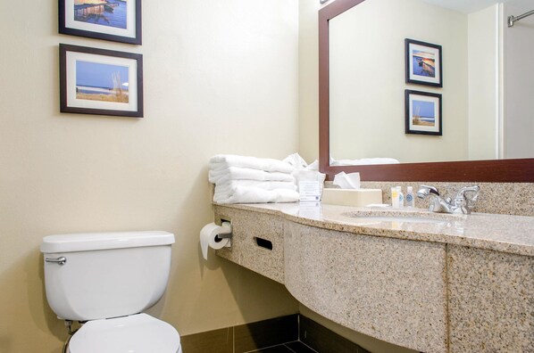 A bathroom with a toilet, sink, and mirror. There are framed pictures on the wall. - Comfort Inn & Suites Biloxi - D'Iberville (D'Iberville)
