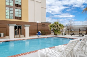 Seasonal outdoor pool, sun loungers