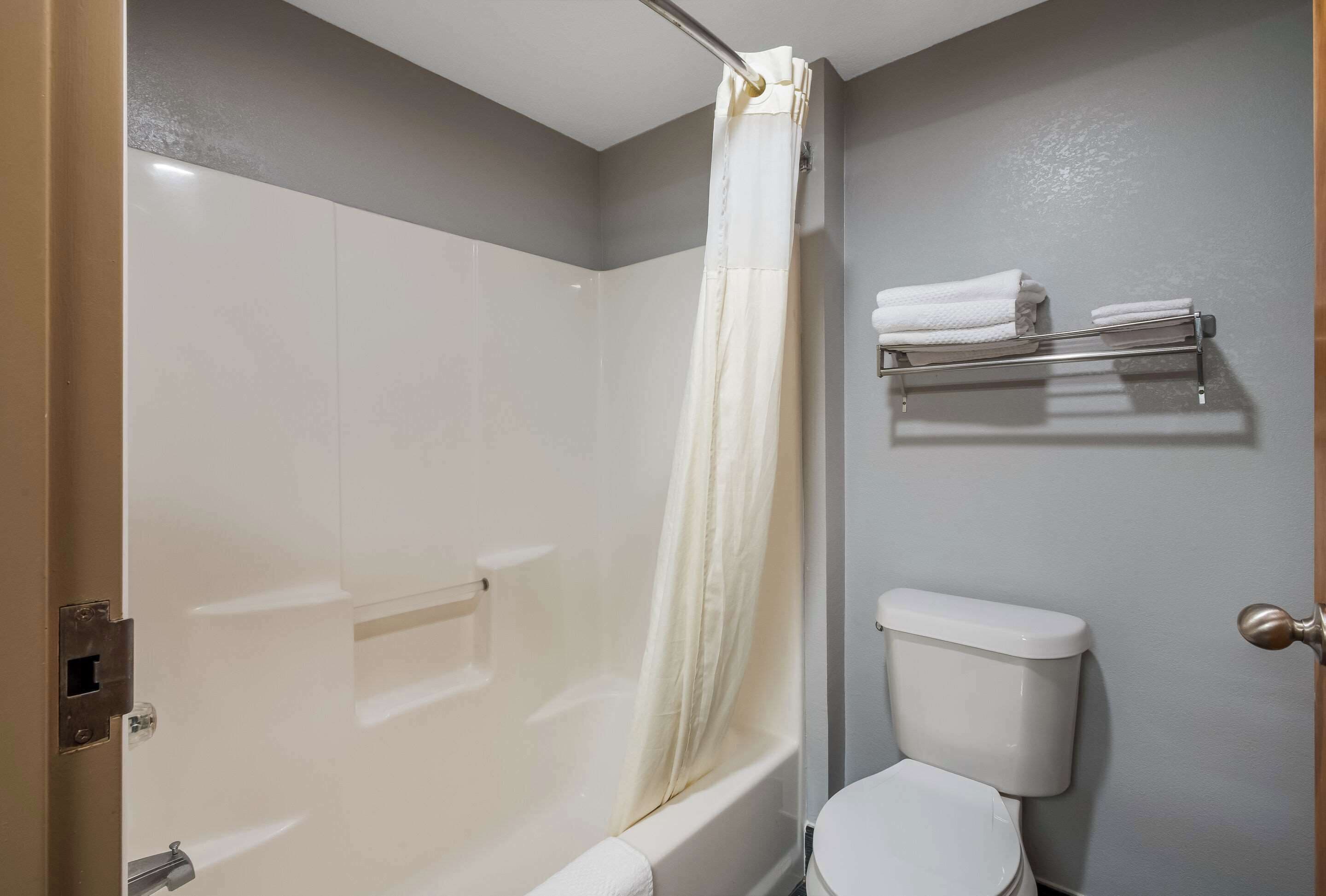 A bathroom with a shower, toilet, and towel rack.