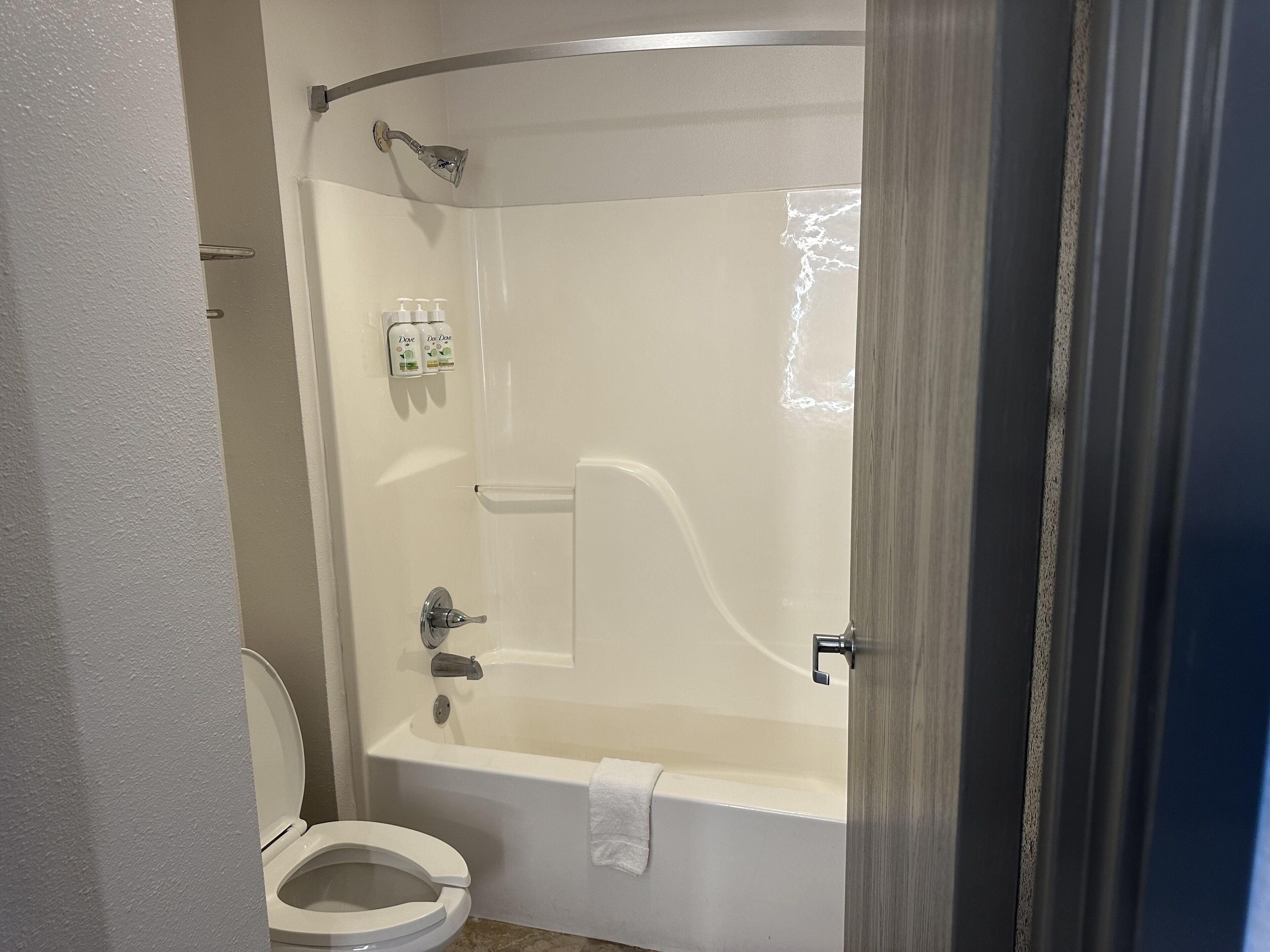 A bathroom with a toilet, a bathtub, and a shower.