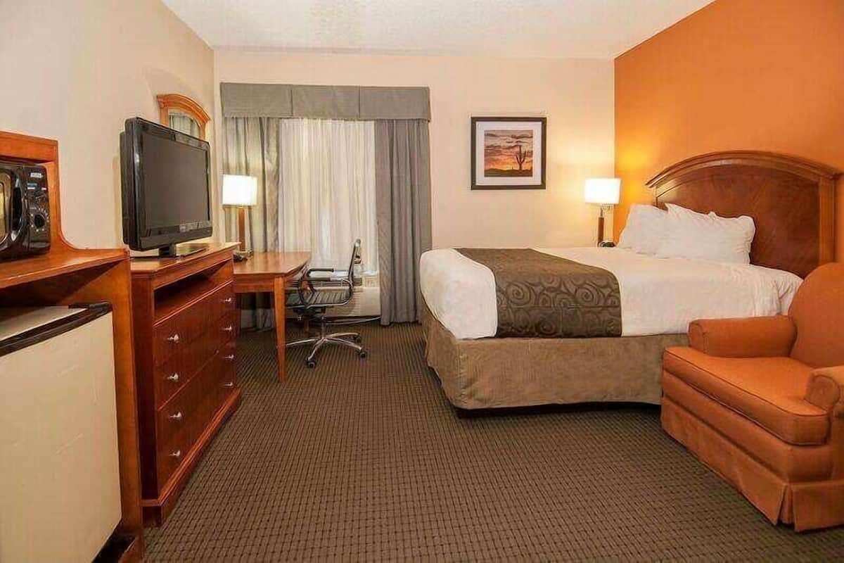 Habitación de hotel con cama, escritorio con televisor, una silla, cómoda y lámpara.