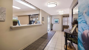 Un espace d’accueil d’hôtel comprenant un comptoir de réception, un grand miroir et une plante fixée au mur.