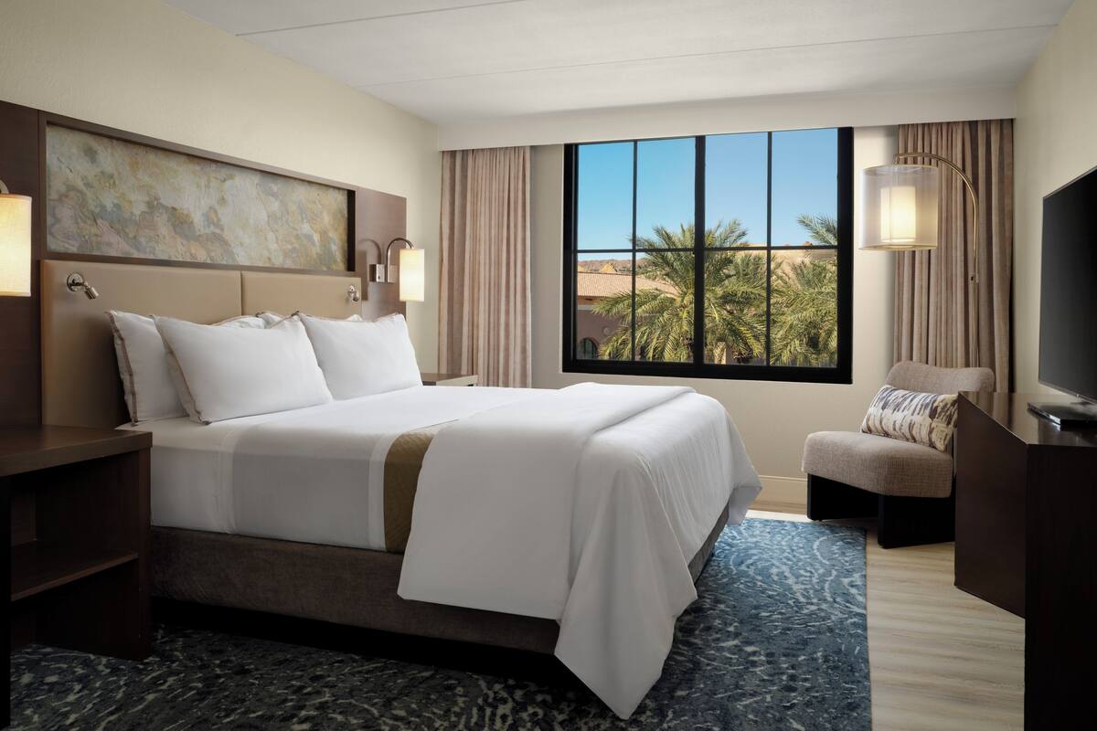 A hotel room with a large bed, a desk, a chair, a TV, and a window with a view of palm trees.