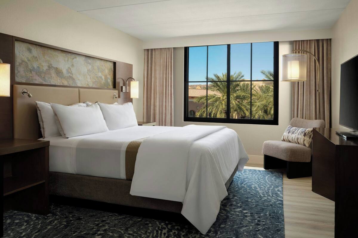 A hotel room with a bed, a chair, a TV, a window with a view of palm trees, and a painting on the wall.
