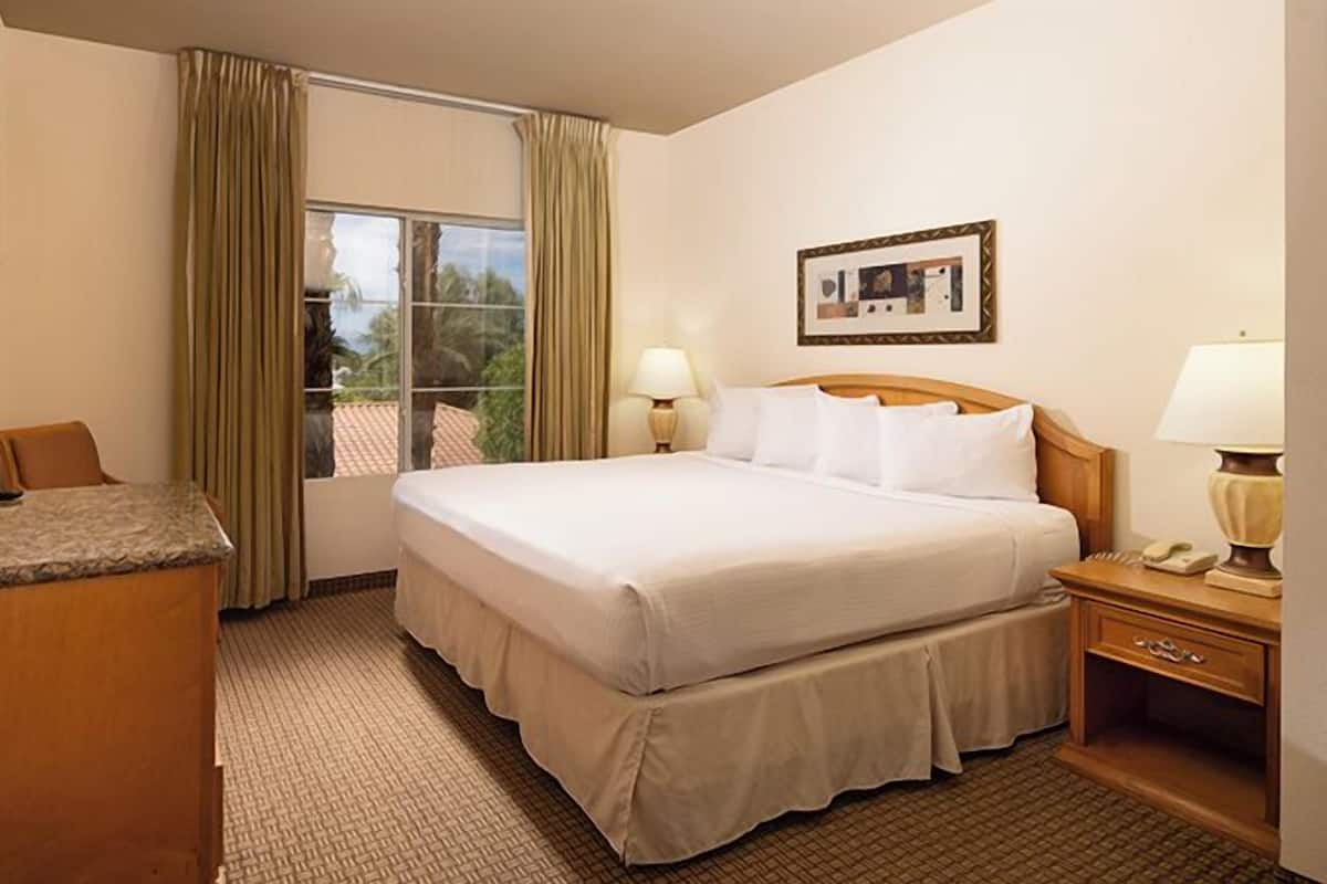 A hotel room with a bed, a desk, a chair, a TV mounted on the wall, and a window with curtains.