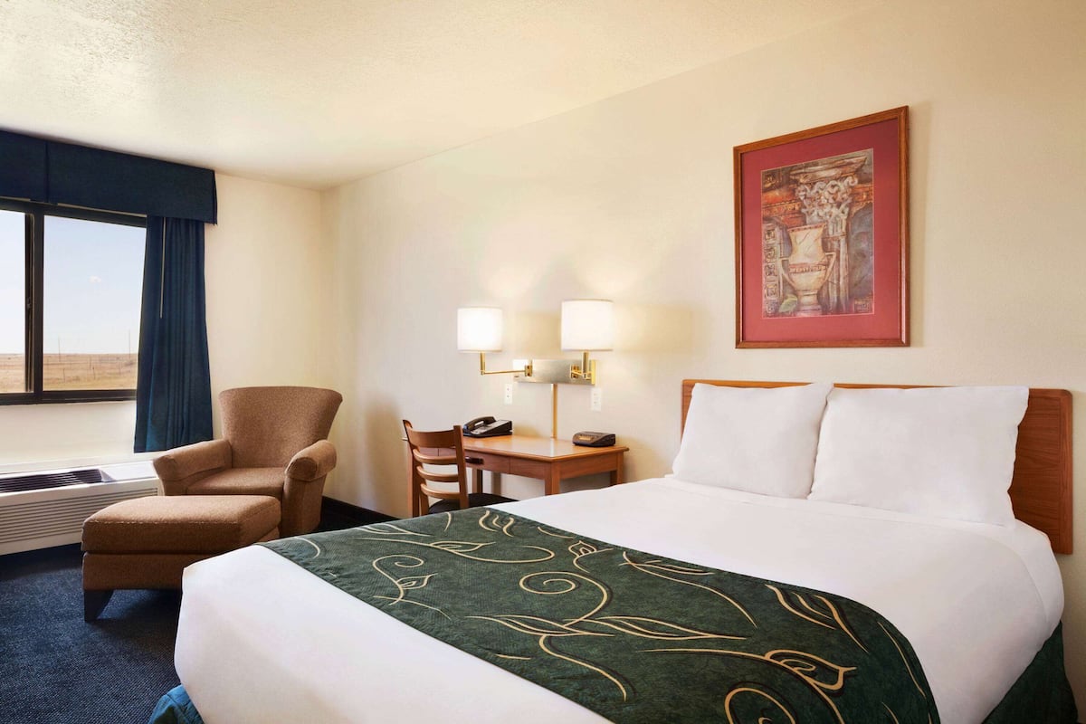 Une chambre d’hôtel avec un lit, une chaise, un bureau, une lampe et un tableau au mur.