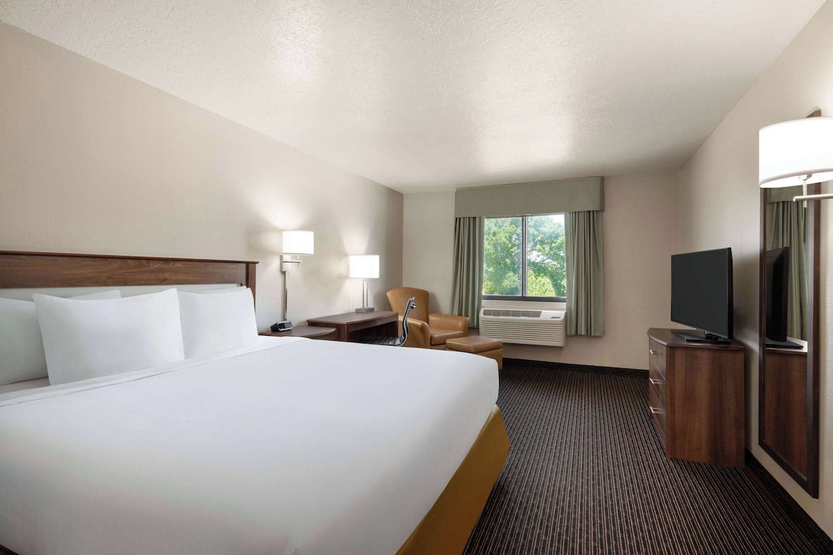 Une chambre d’hôtel avec un grand lit, un bureau avec une lampe, une chaise, un téléviseur posé sur une commode et une fenêtre avec des rideaux.