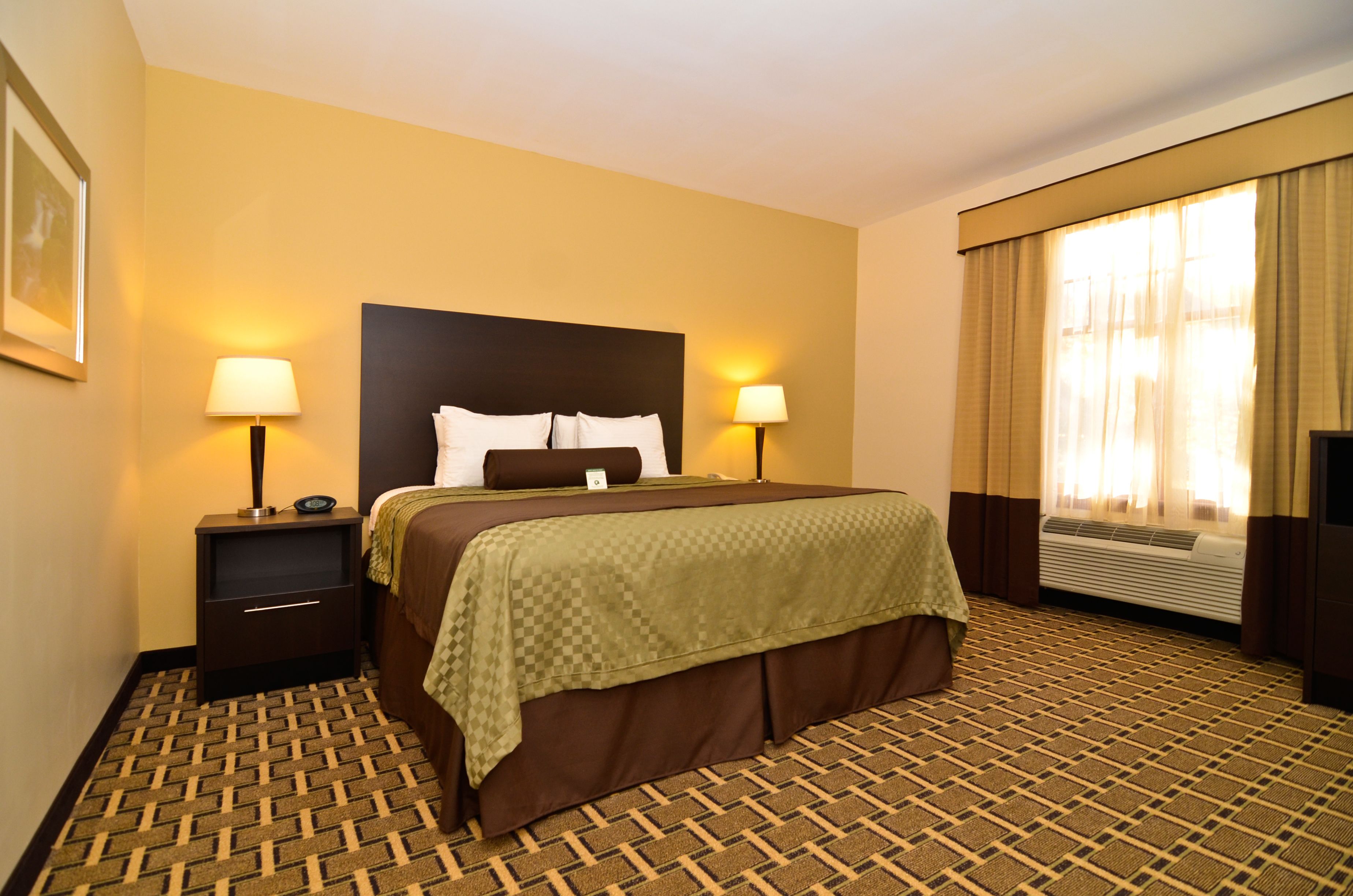 Quarto de hotel com uma cama, duas mesas de cabeceira com luminárias, uma janela grande com cortinas e um tapete estampado.