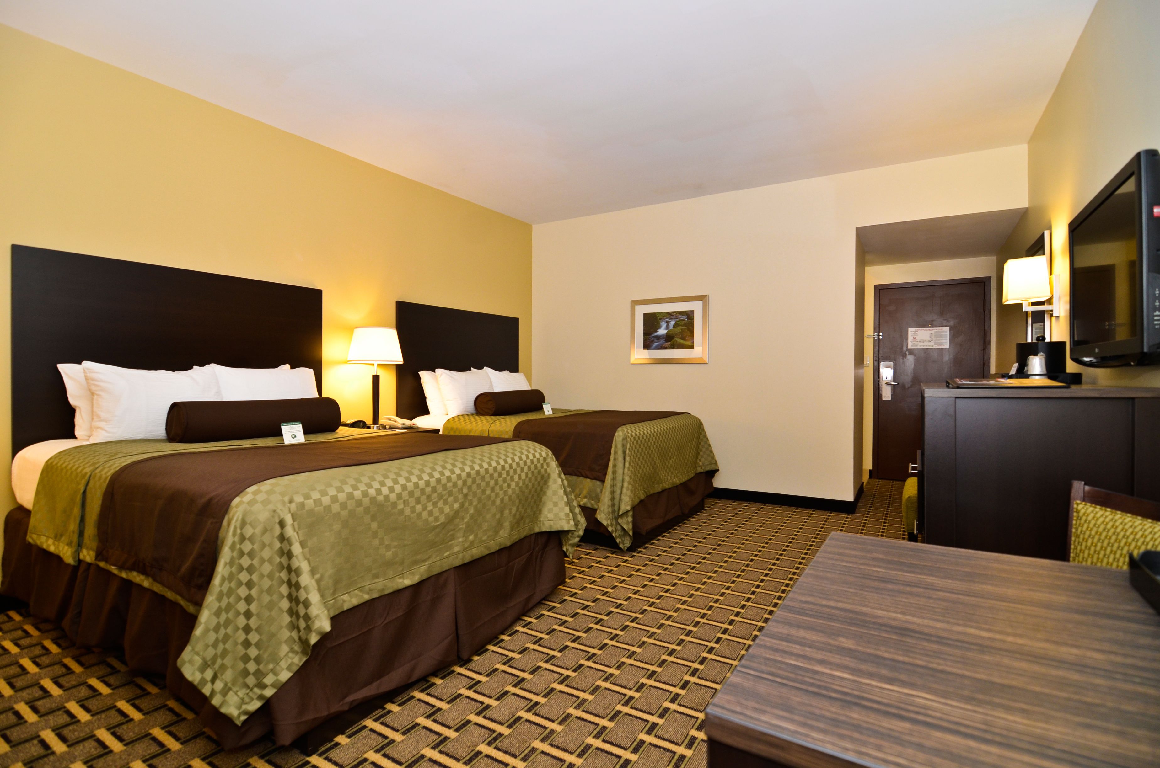 A hotel room with two beds, a desk, a chair, a television, and a door.