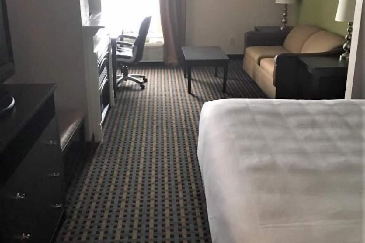 A hotel room with a bed, a desk, a chair, a sofa, and a lamp.