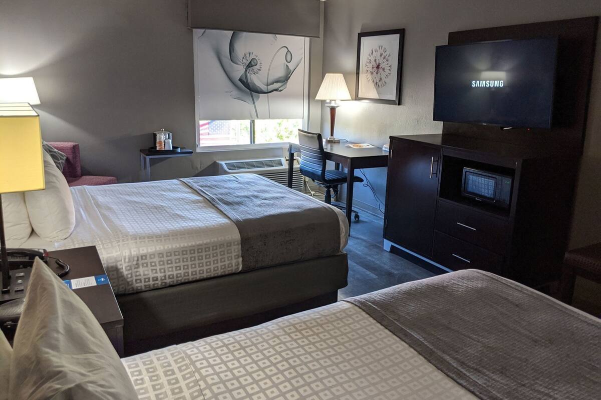 Une chambre d’hôtel avec un lit, un bureau, une chaise, une télévision et une œuvre d’art au mur.