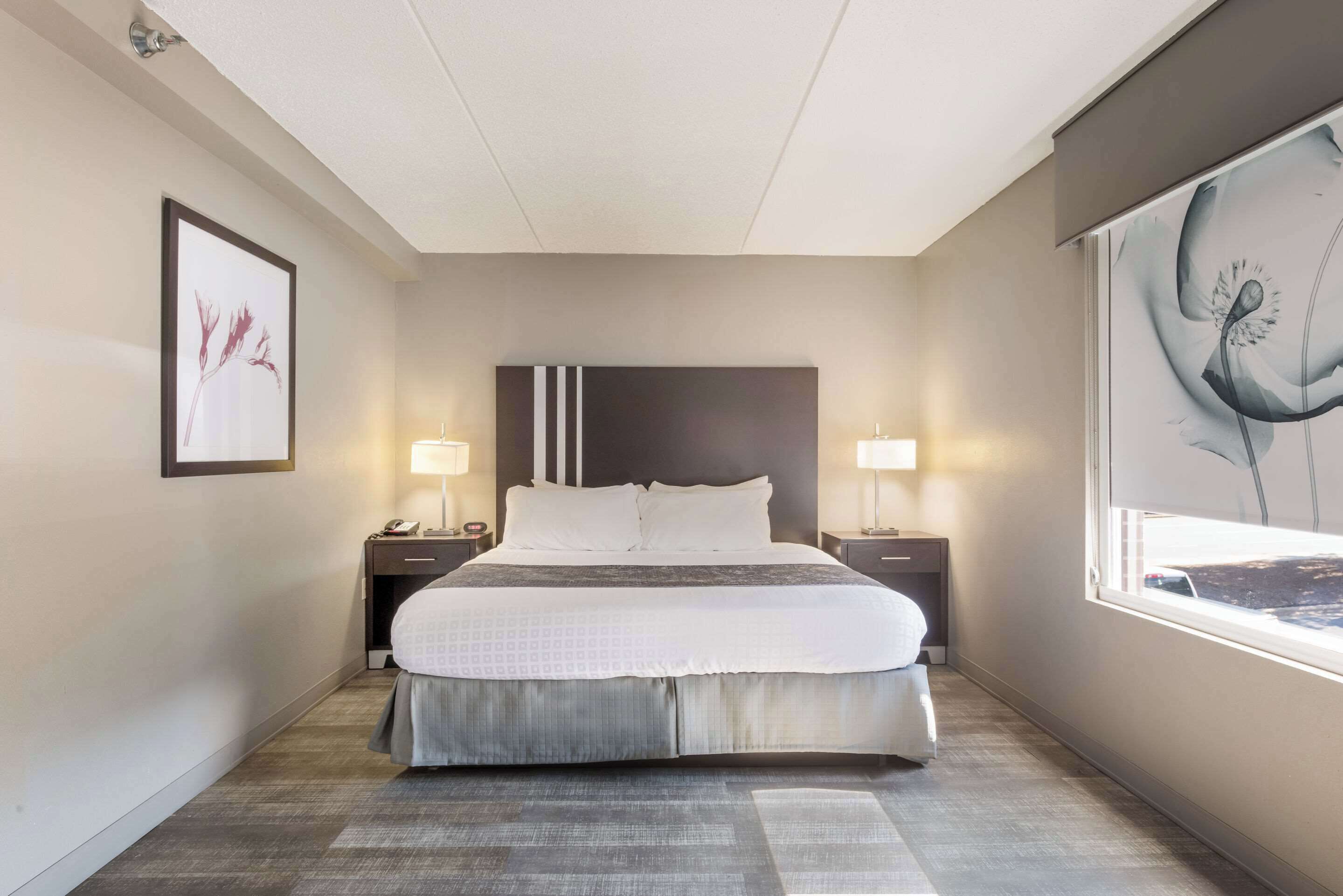 A hotel room with a large bed, two bedside tables with lamps, a framed artwork on the wall, and a window with a view.