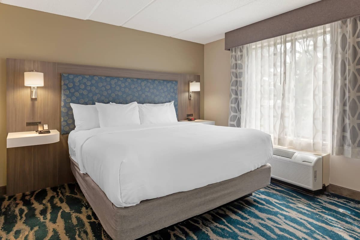 Une chambre d’hôtel avec un grand lit, deux tables de chevet, une lampe fixée au mur, une fenêtre avec des rideaux légers et une moquette à motifs.