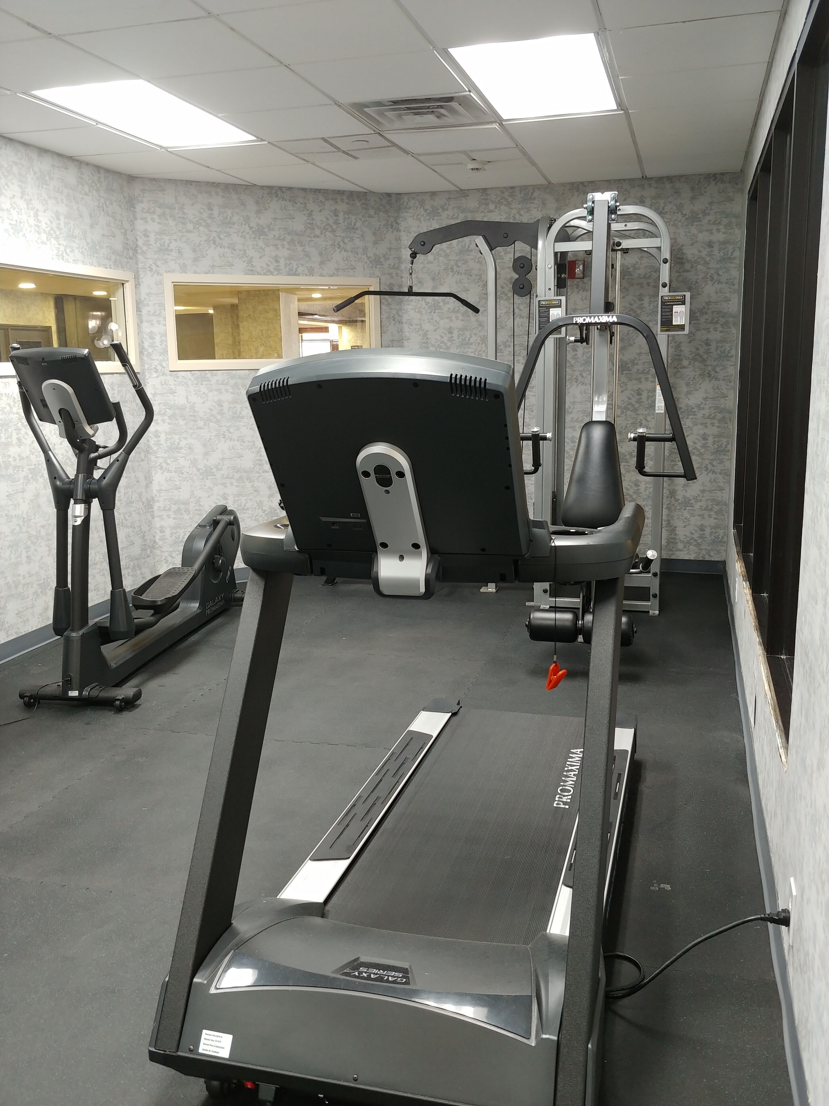 Une salle de sport équipée d’un vélo d’appartement, d’un appareil elliptique et d’un tapis de course.
