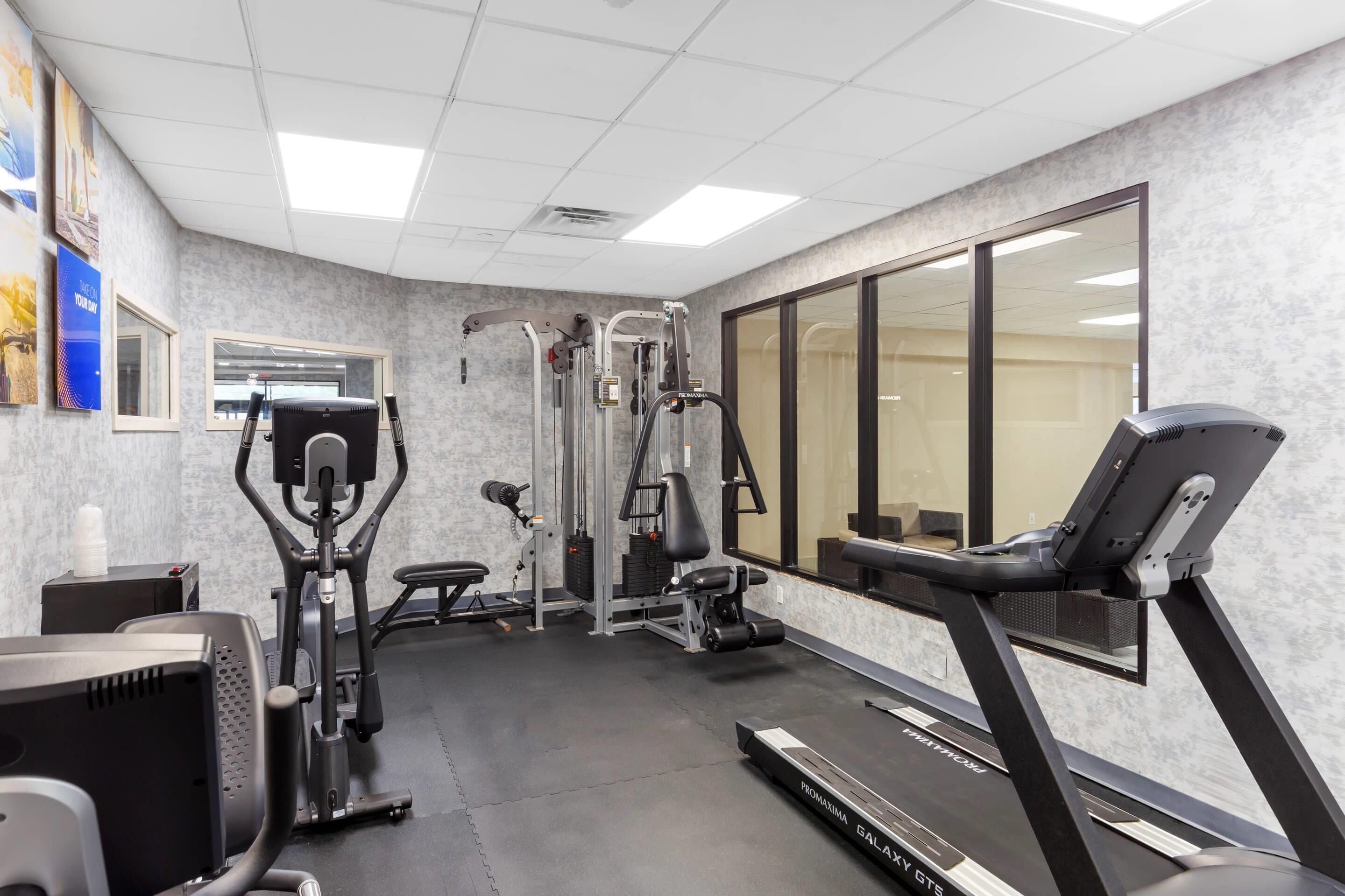 Un gimnasio con cinta de correr, máquinas de pesas y un espejo.