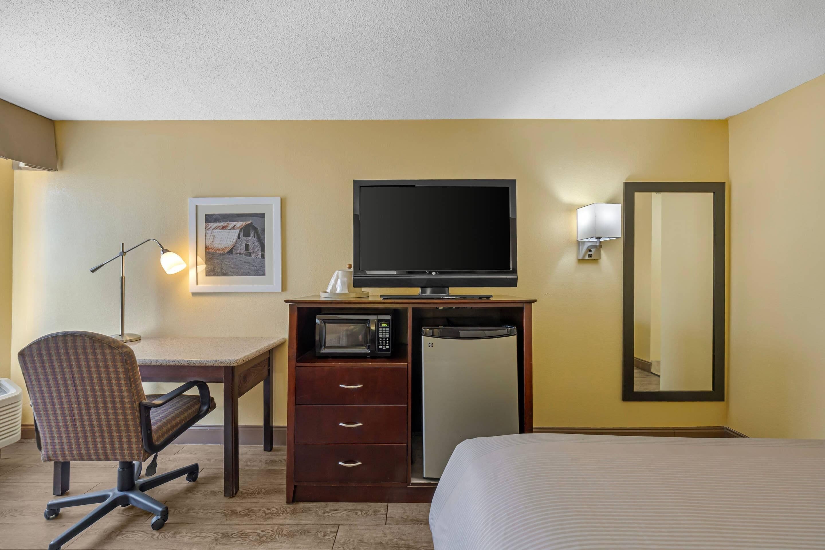 A hotel room with a bed, a desk with a chair, a television, a microwave, a refrigerator, a lamp, and a mirror.
