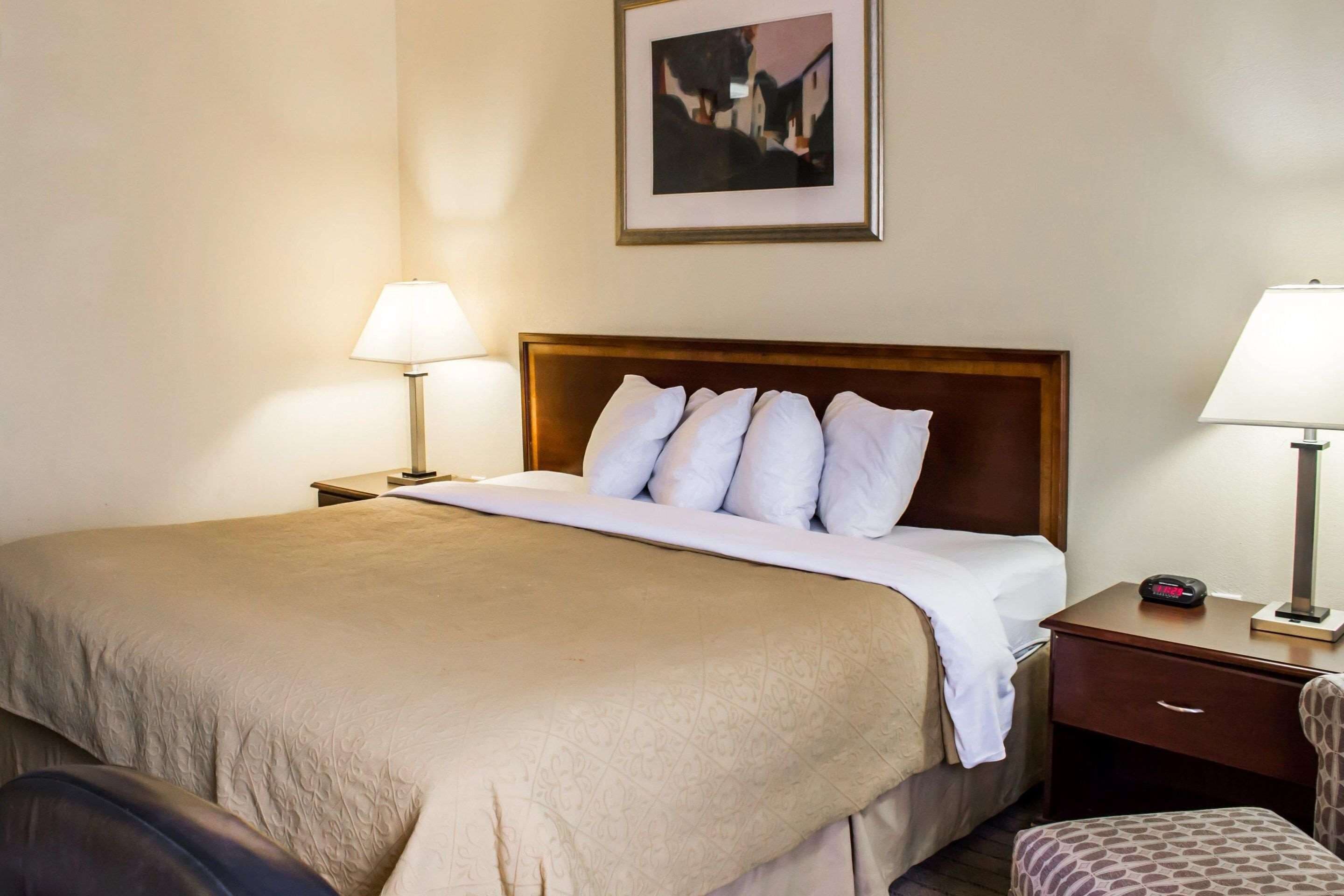A hotel room with a large bed, two bedside tables, a chair, and a framed picture on the wall.