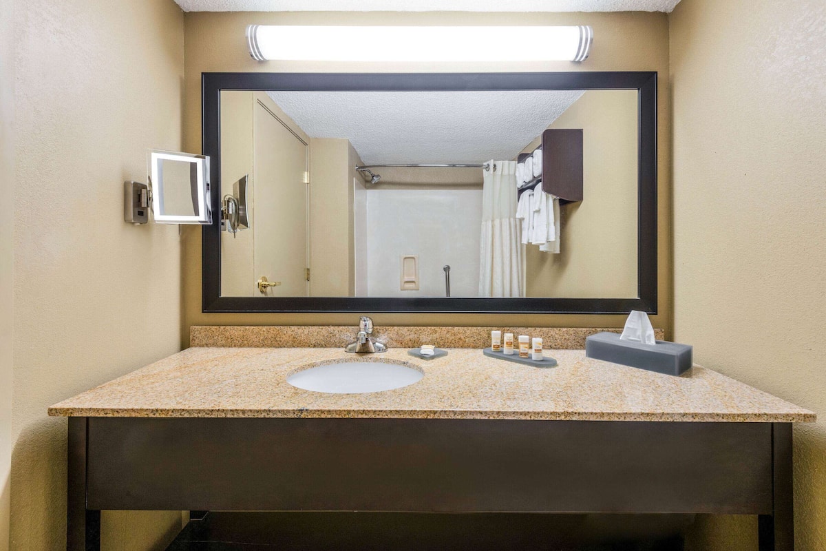 combined shower/bathtub, free toiletries, hair dryer, towels