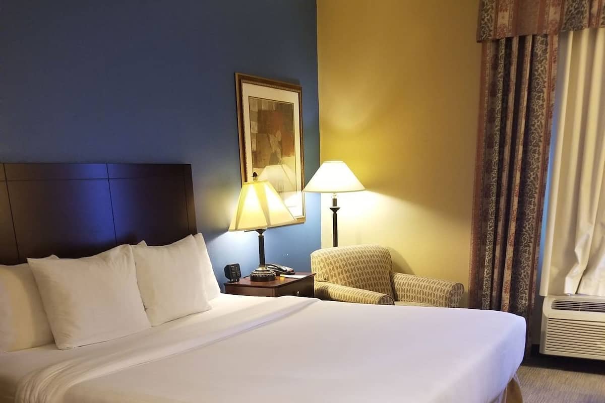 Une chambre d’hôtel avec un grand lit, une table de chevet avec une lampe, une chaise et un tableau au mur.
