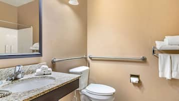 Ein Badezimmer mit Marmorplatte, Waschbecken, Toilette, Handlauf und Handtuchhalter.